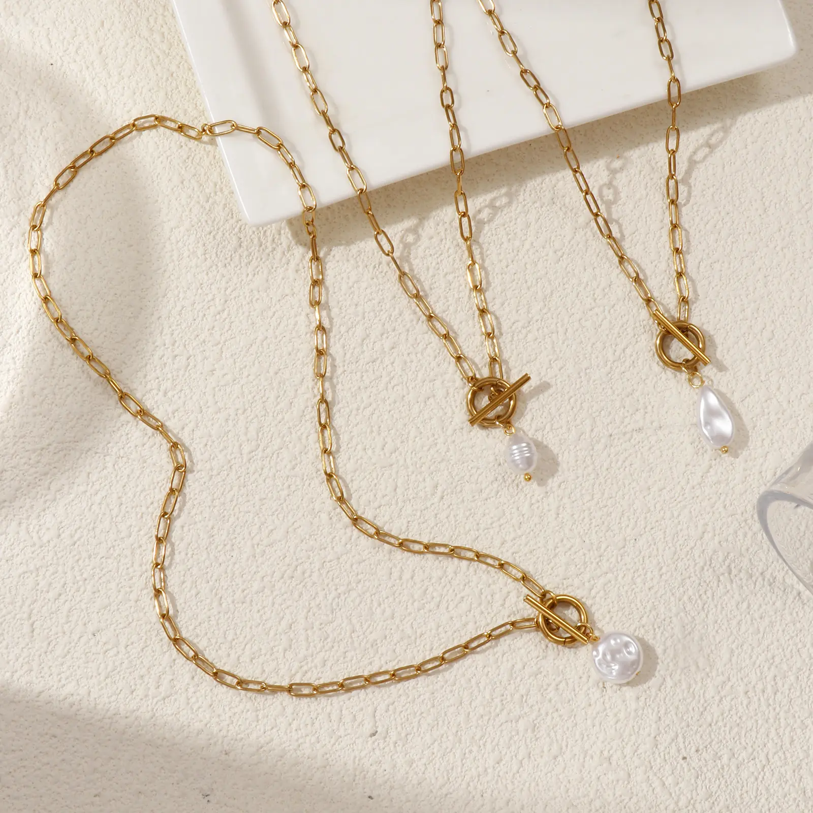 304 Stainless Steel Necklace 18K Gold Plated Paperclip Link Chain Pendant Charm For Women White Acrylic Imitation Pearl 45cm