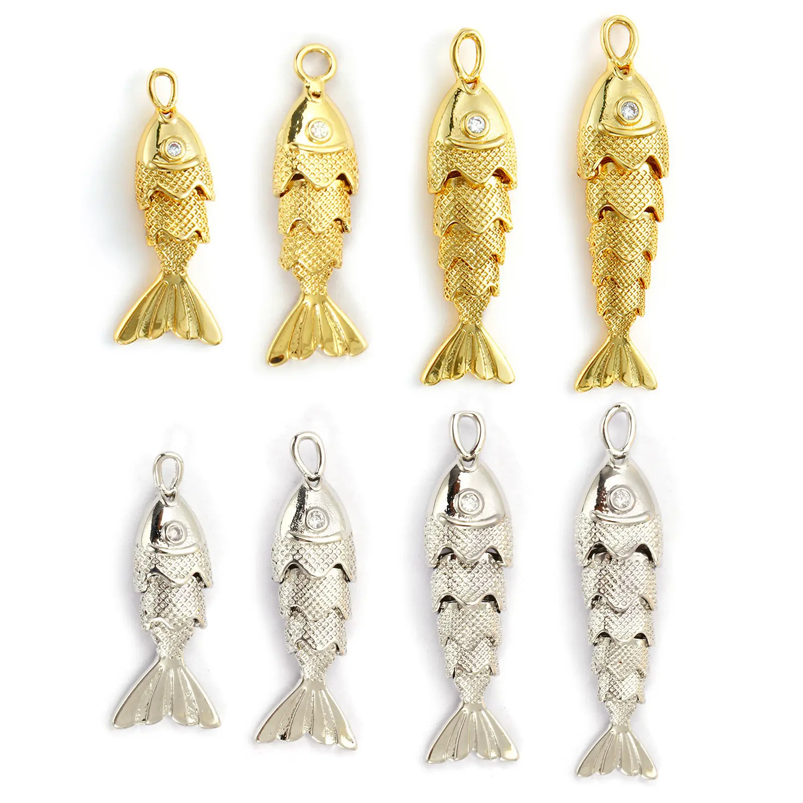 1 Piece Movable Brass Ocean Fish Jewelry Charms Clear Cubic Zirconia Pendant For DIY Necklace Making Findings