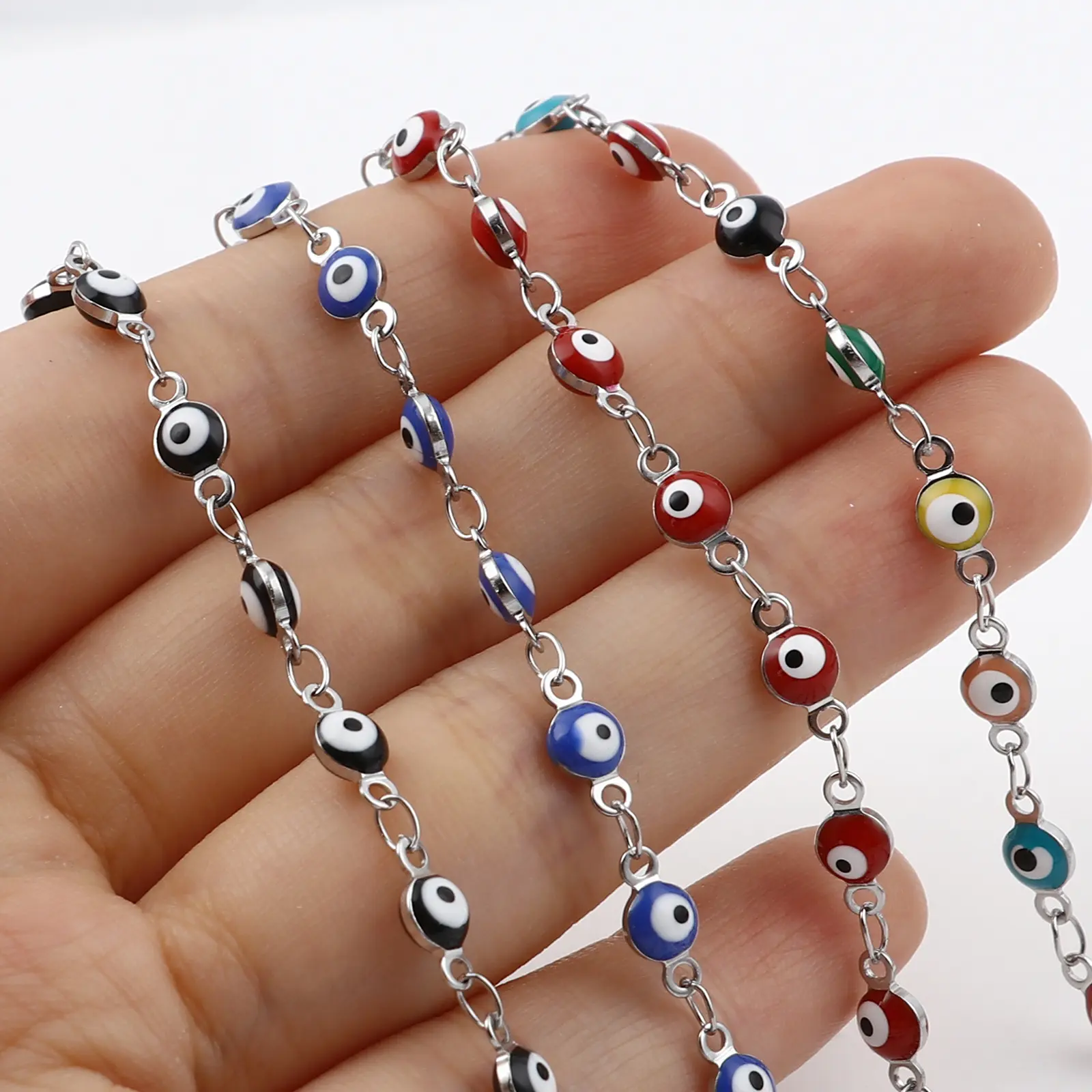 Stainless Steel Bracelets Round Evil Eye Enamel Jewelry Silver Color Hand Turkish Jewelry Bangle Boho Women Bracelet 19.5cm long