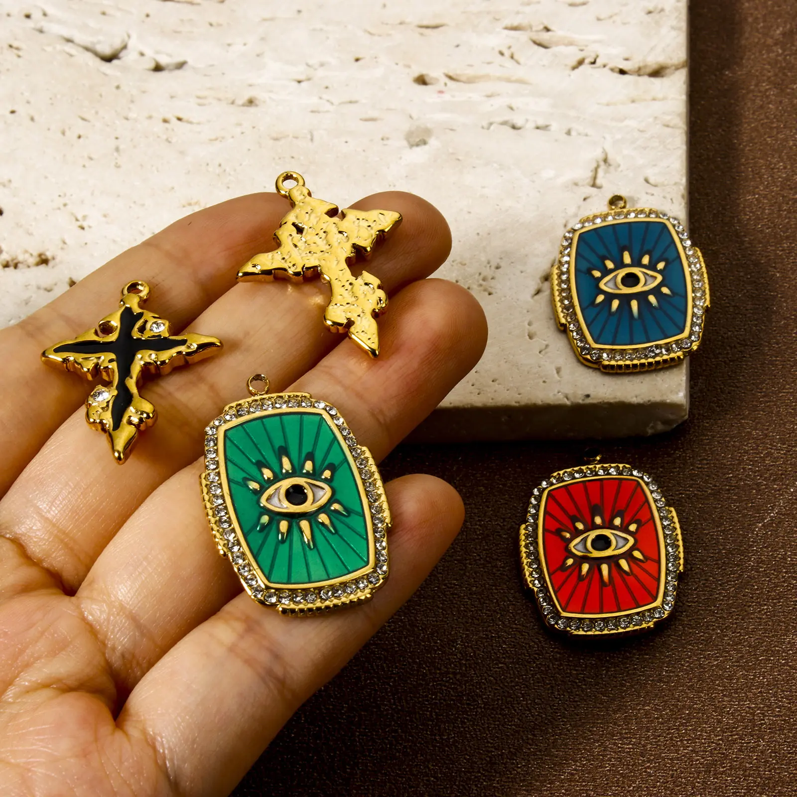 1 Piece Religious Evil Eye Charms Fort Jewelry Making 304 Stainless Steel 18K Real Gold Plated Enamel Cross Pendant DIY Necklace