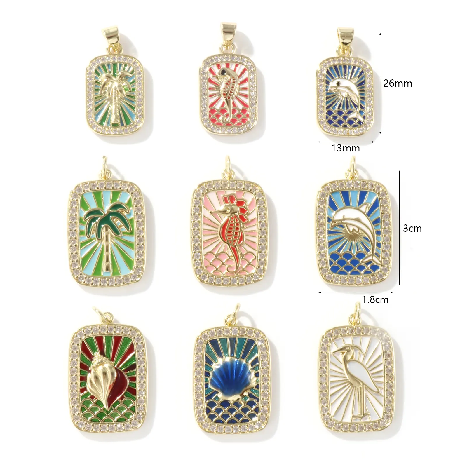 1 Piece Brass Ocean Charms 18K Real Gold Plated Enamel Rectangle Dolphin Coconut tree Seahorse Conch Pendants DIY Making Beach