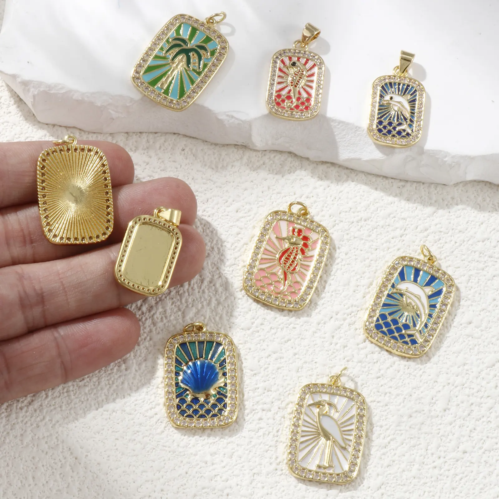 1 Piece Brass Ocean Charms 18K Real Gold Plated Enamel Rectangle Dolphin Coconut tree Seahorse Conch Pendants DIY Making Beach