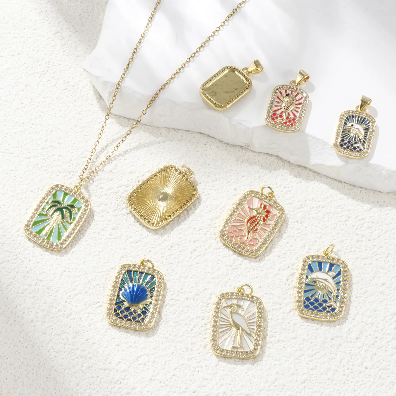 1 Piece Brass Ocean Charms 18K Real Gold Plated Enamel Rectangle Dolphin Coconut tree Seahorse Conch Pendants DIY Making Beach