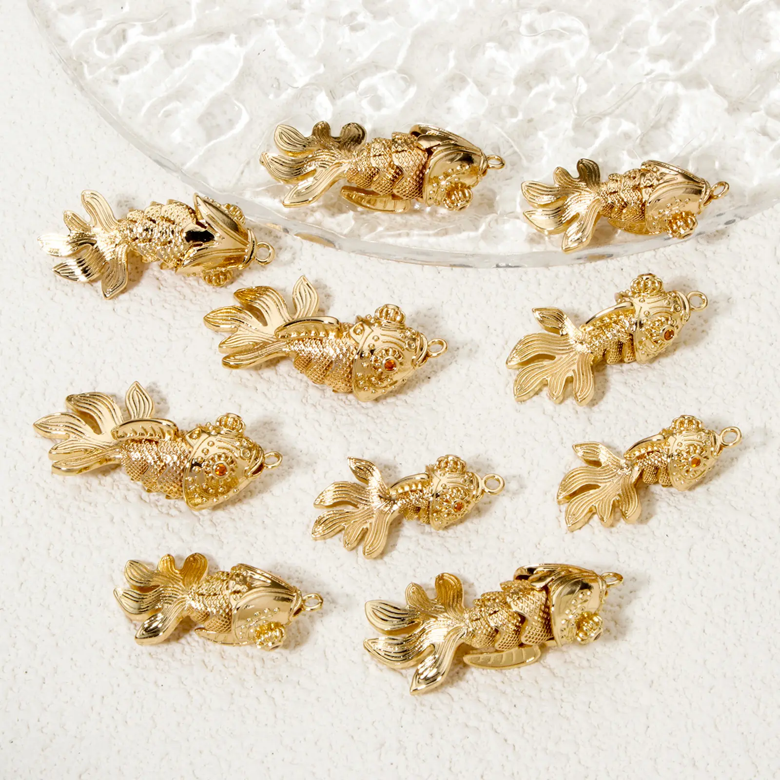 1 Piece 3D Copper Ocean Golden Fish Pendants Movable Pave Orange Zircon Metal Jewelry Charms For Diy Necklace Making Findings