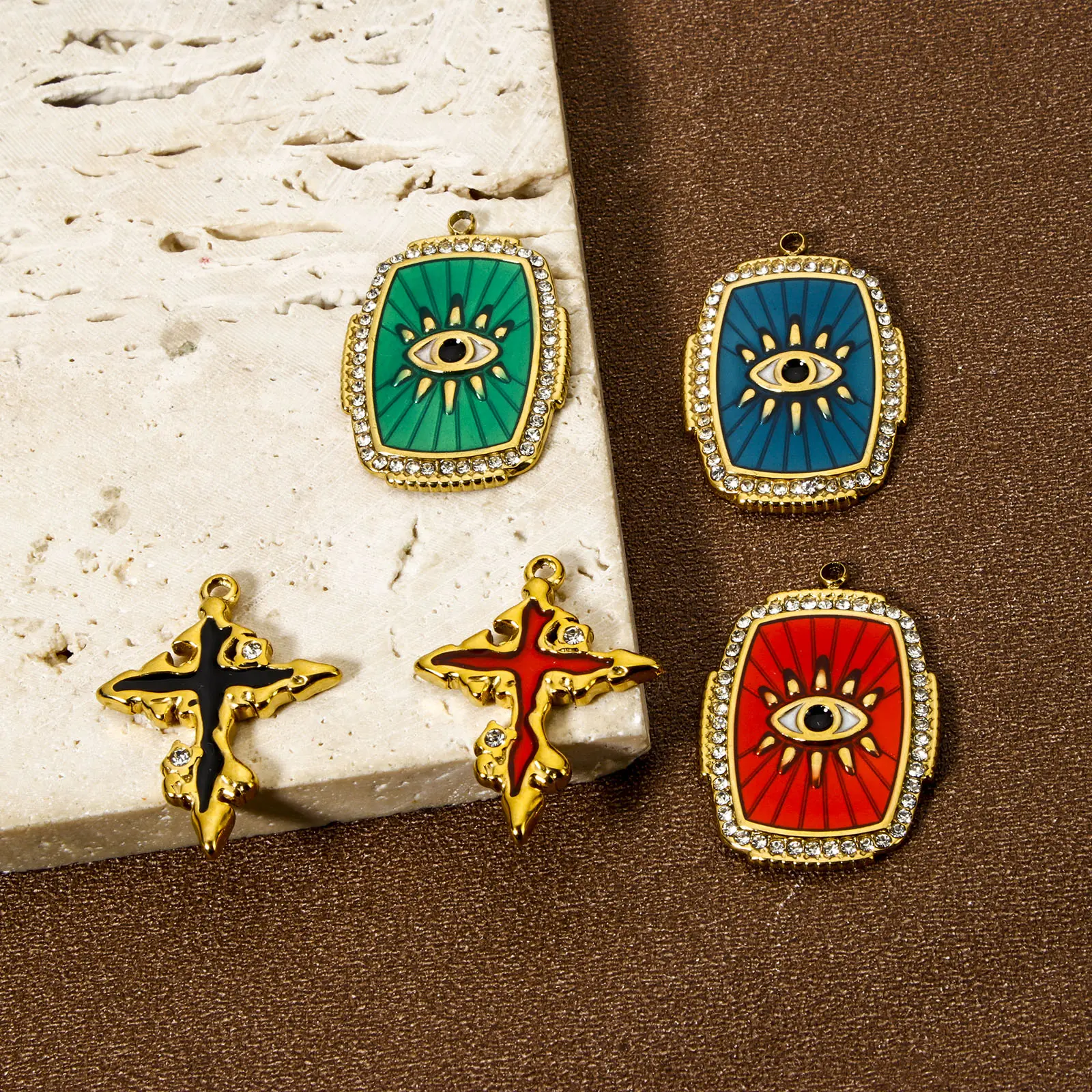 1 Piece Religious Evil Eye Charms Fort Jewelry Making 304 Stainless Steel 18K Real Gold Plated Enamel Cross Pendant DIY Necklace