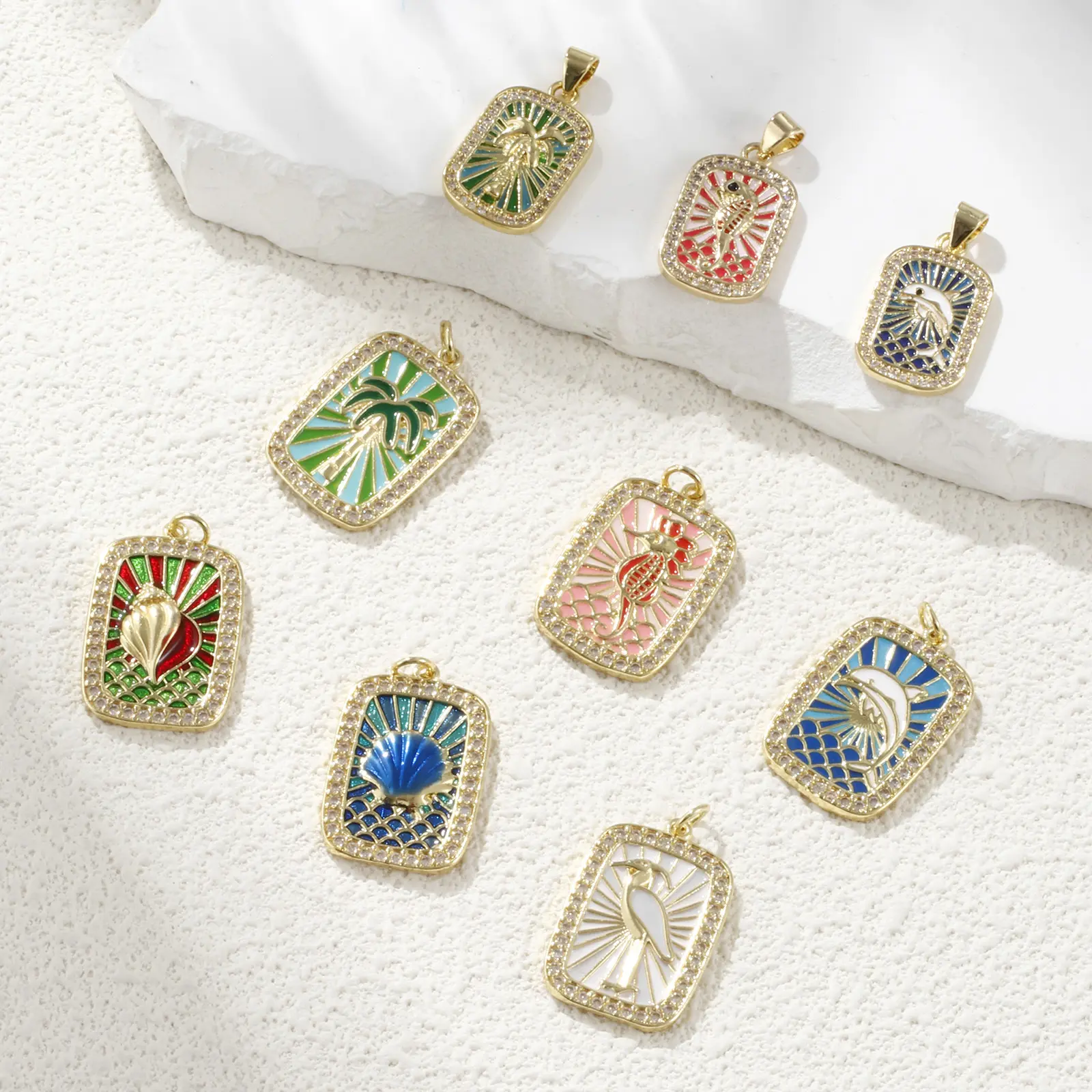 1 Piece Brass Ocean Charms 18K Real Gold Plated Enamel Rectangle Dolphin Coconut tree Seahorse Conch Pendants DIY Making Beach