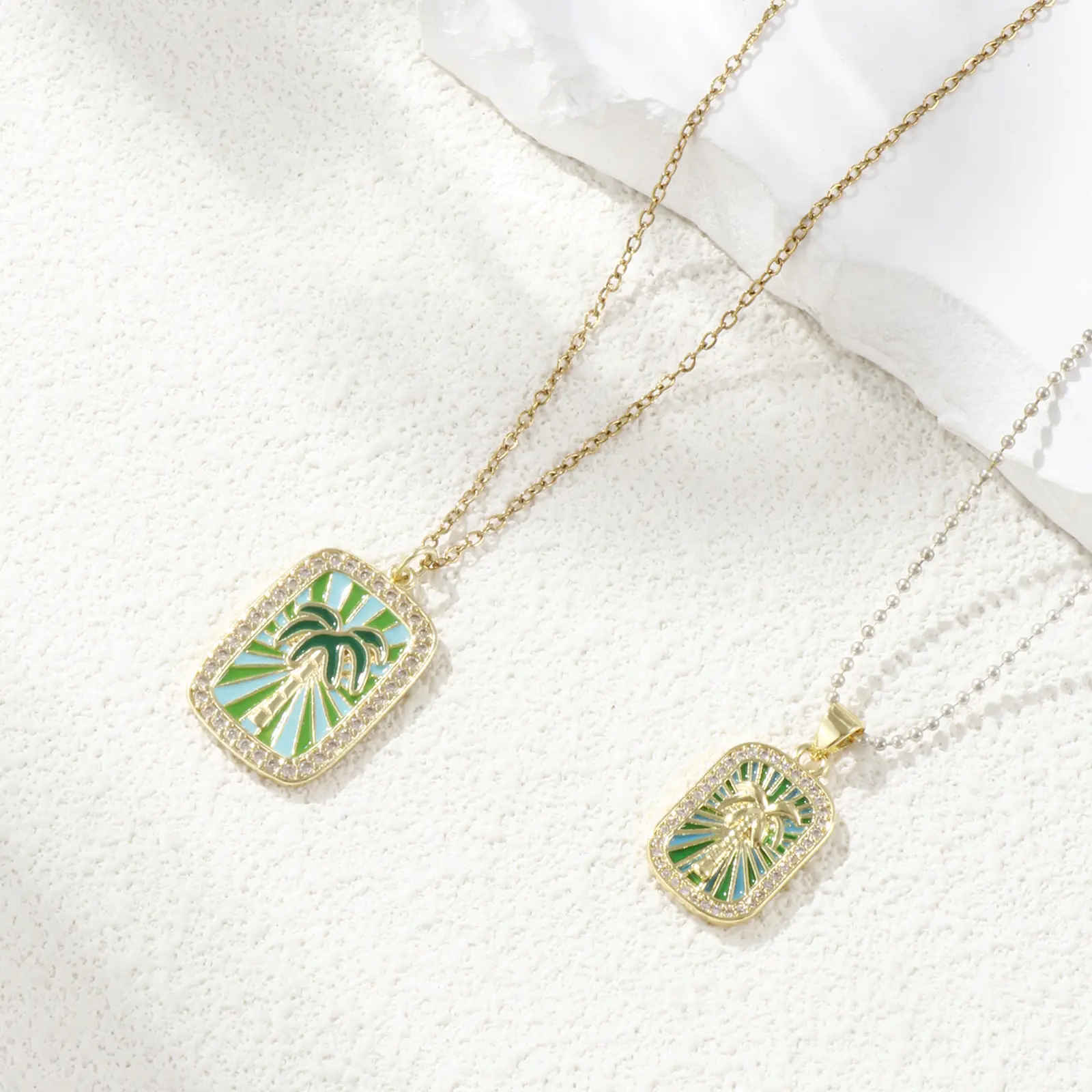 1 Piece Brass Ocean Charms 18K Real Gold Plated Enamel Rectangle Dolphin Coconut tree Seahorse Conch Pendants DIY Making Beach