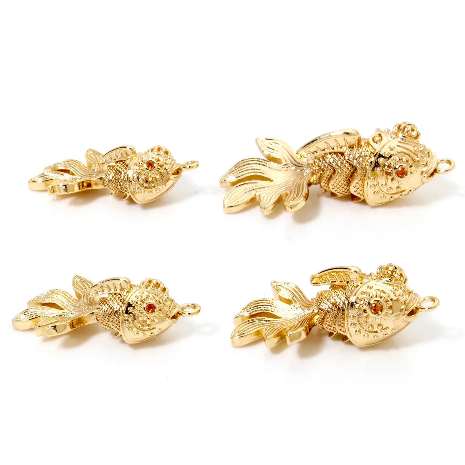 1 Piece 3D Copper Ocean Golden Fish Pendants Movable Pave Orange Zircon Metal Jewelry Charms For Diy Necklace Making Findings