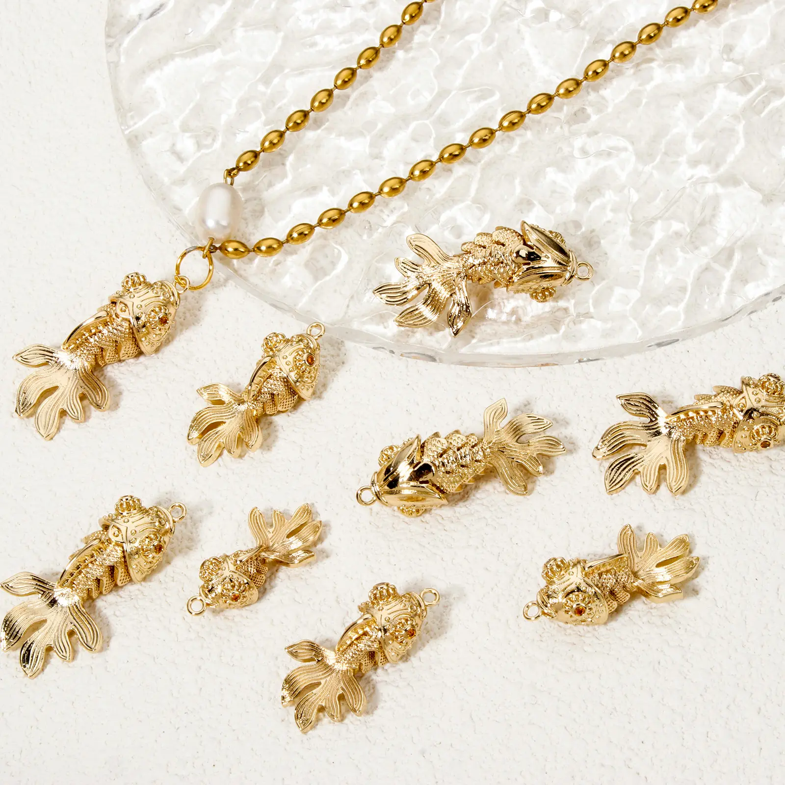 1 Piece 3D Copper Ocean Golden Fish Pendants Movable Pave Orange Zircon Metal Jewelry Charms For Diy Necklace Making Findings