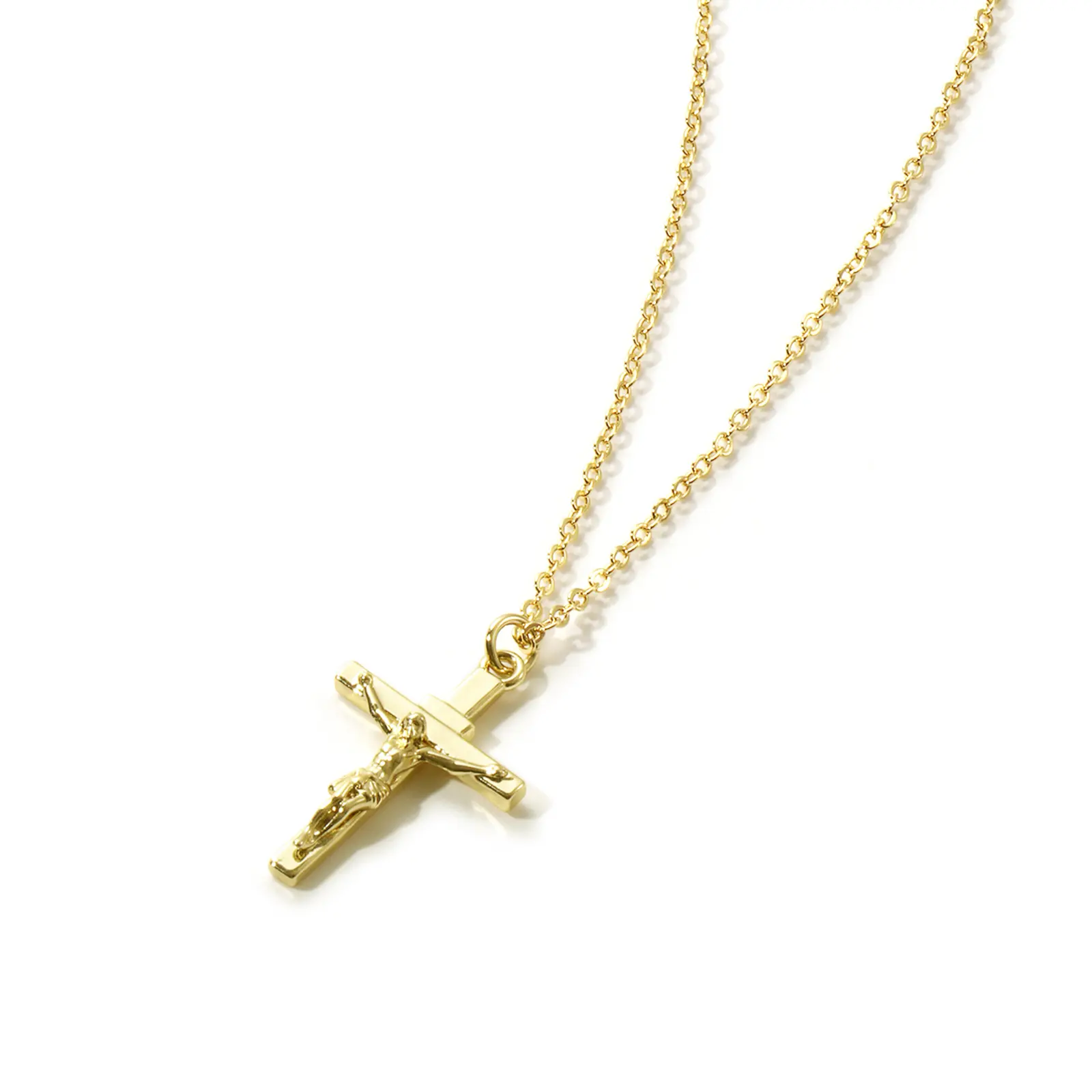 1 Piece Exquisite Religious 18K Real Gold Plated Brass Link Cable Chain Cross Jesus Crucifix Pendant Charm Necklace Unisex Gift