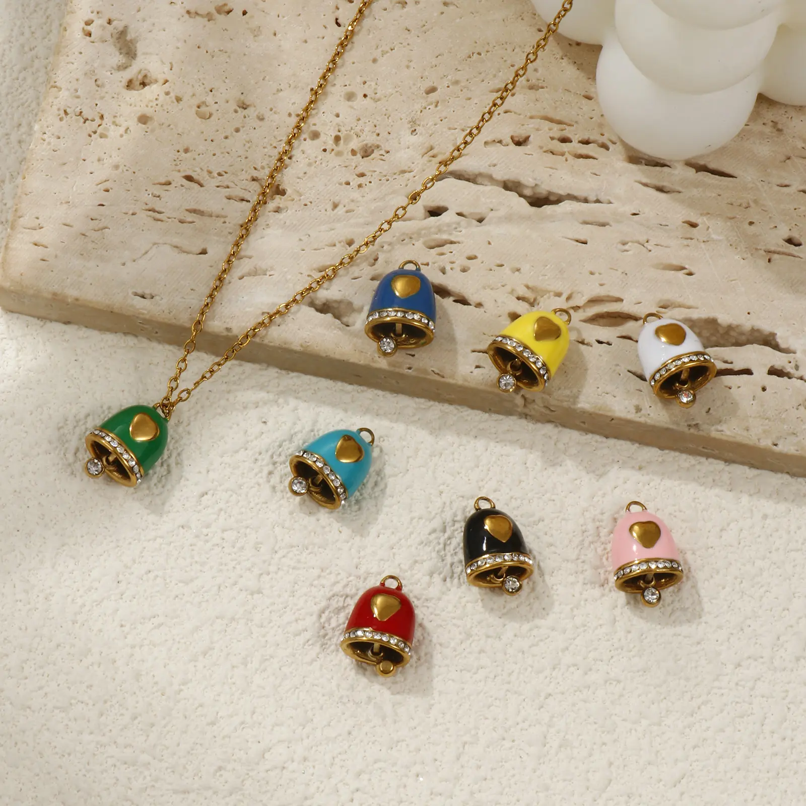 1PC Stainless Steel Christmas Charm 18K Gold Plated Enamel Bell Heart Micro Pave Clear Rhinestone Pendant DIY Neckalce 15mmx10mm