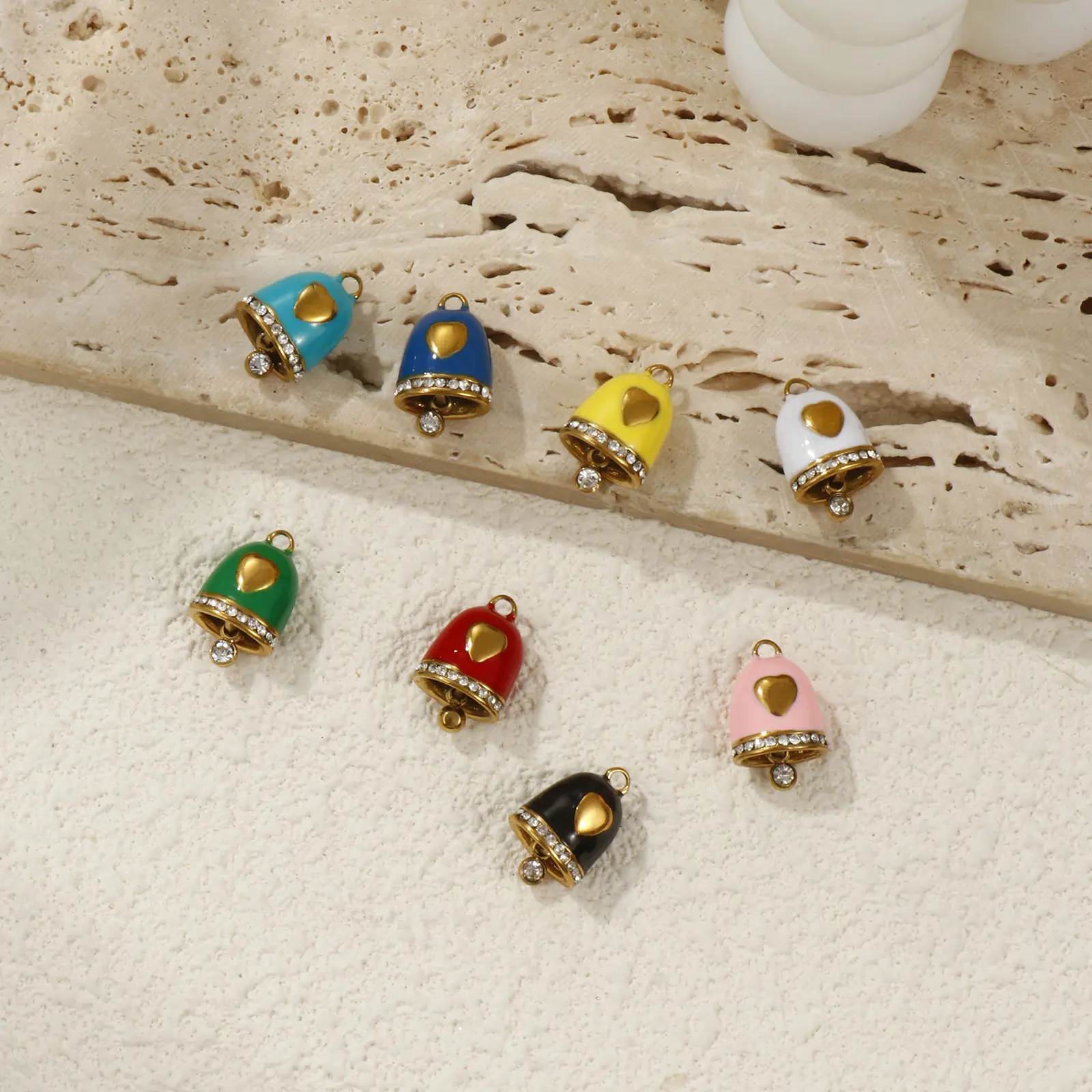 1PC Stainless Steel Christmas Charm 18K Gold Plated Enamel Bell Heart Micro Pave Clear Rhinestone Pendant DIY Neckalce 15mmx10mm