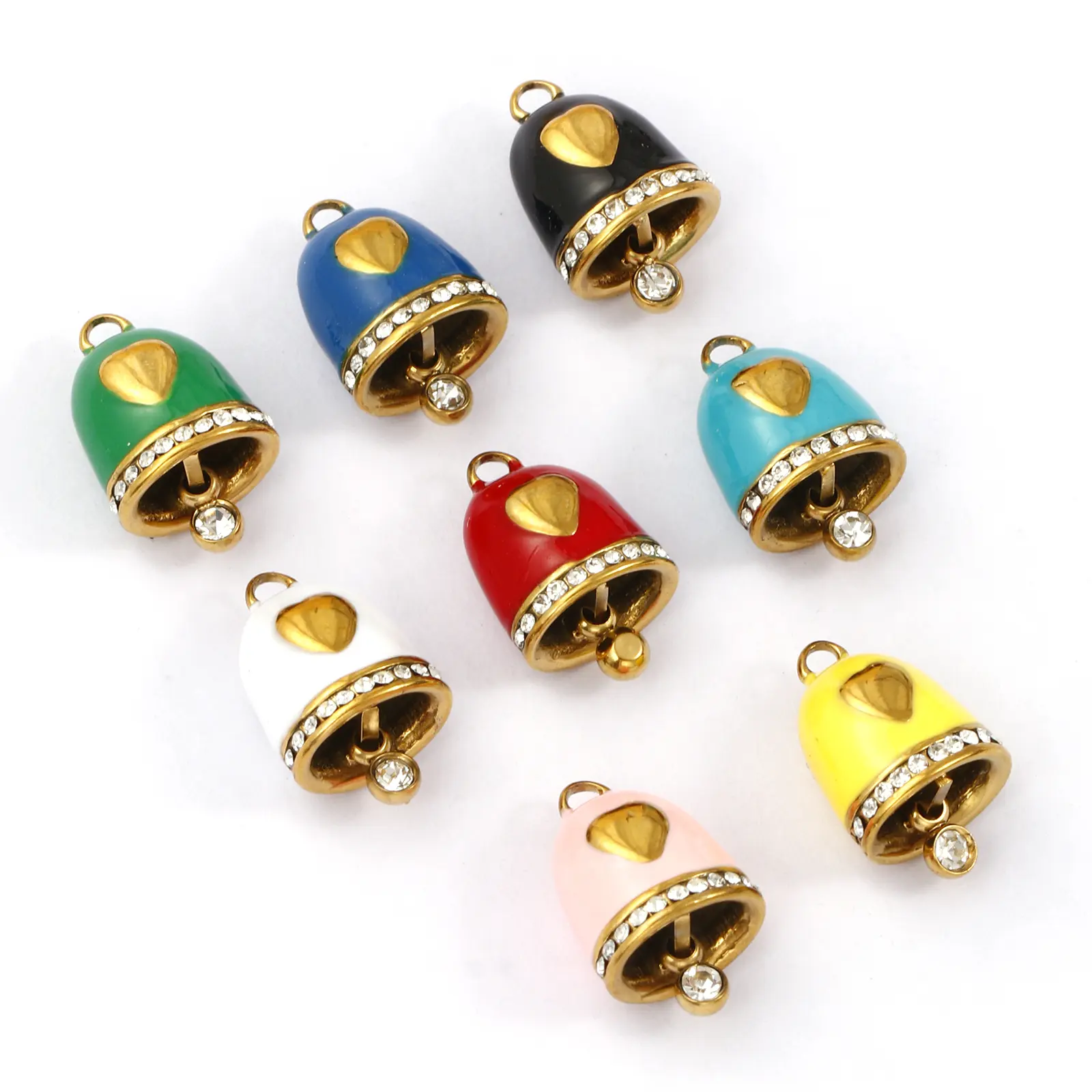 1PC Stainless Steel Christmas Charm 18K Gold Plated Enamel Bell Heart Micro Pave Clear Rhinestone Pendant DIY Neckalce 15mmx10mm