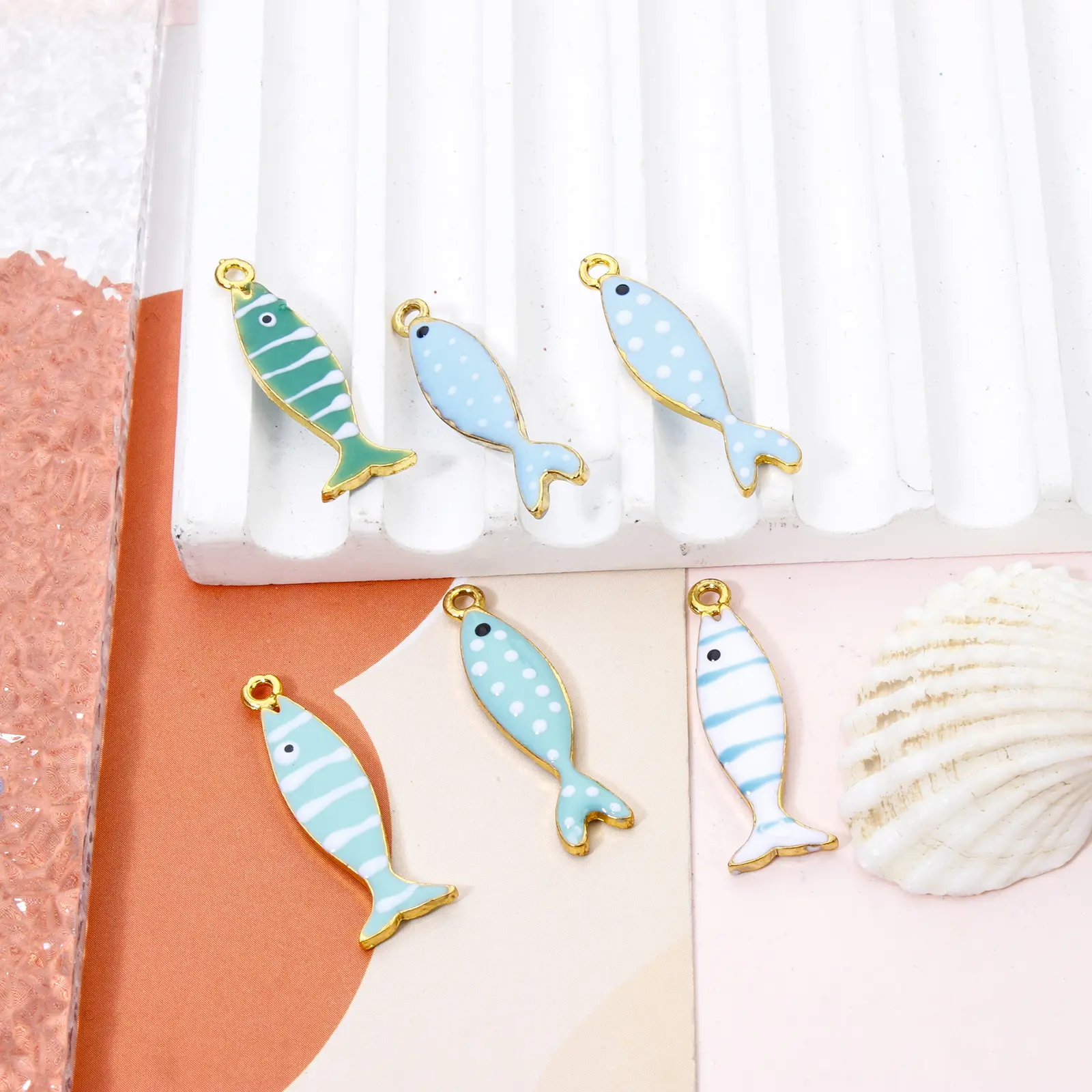 5 Piece Zinc Based Alloy Double Sided Enamelled Fish Animal Sequins Charms Gold Plated Animal  Pendants For DIY Jewelry Making