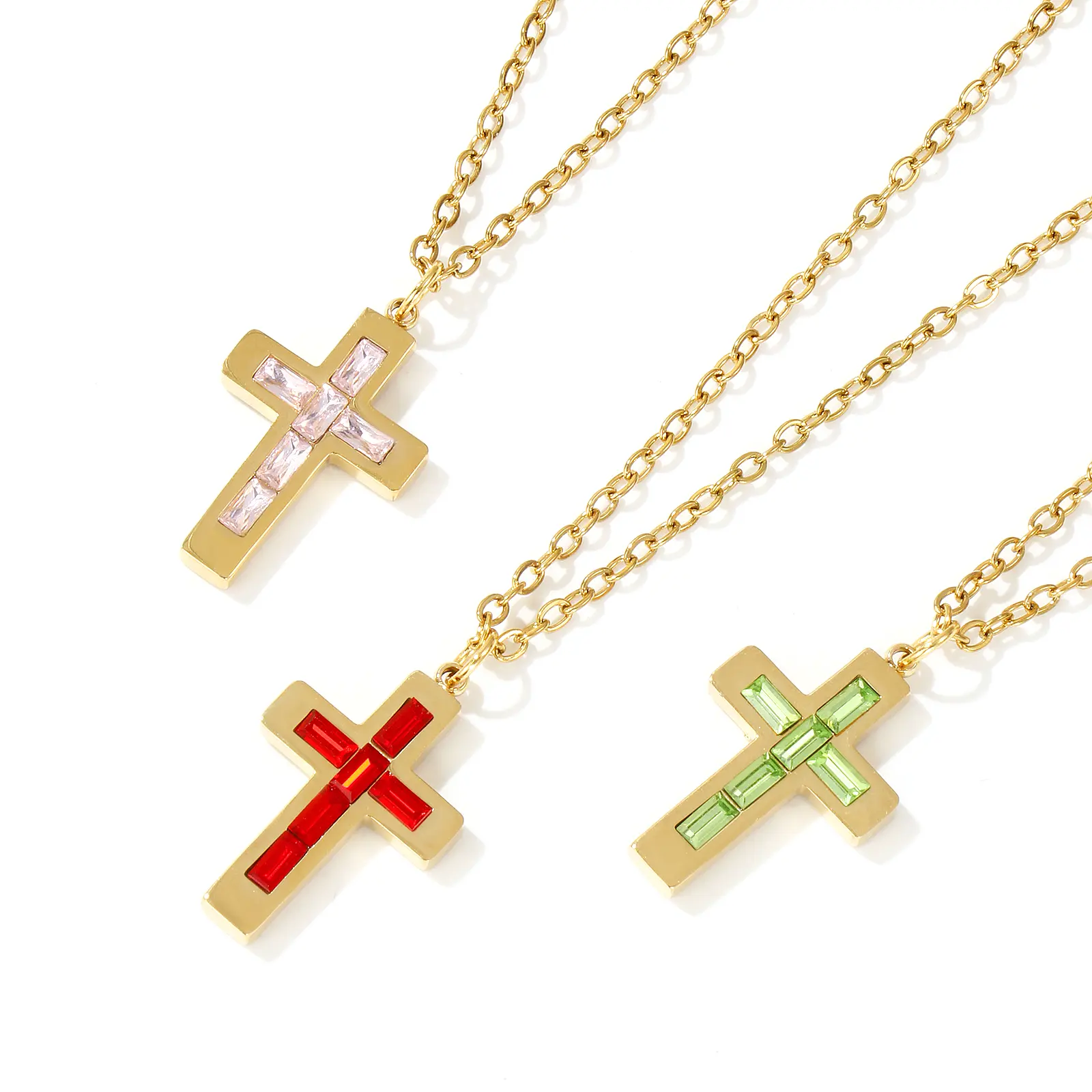 304 Stainless Steel Religious Necklace 18K Gold Plated Link Cable Chain Cross Pendant Necklace 45cm+ 5cm For Women Birthstone