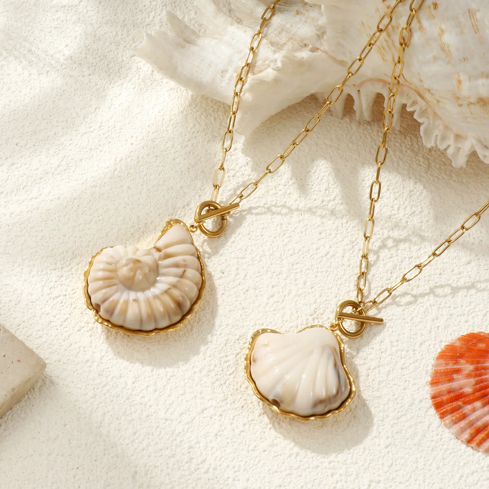 304 Stainless Steel & Resin Ocean Shell Conch Pendant Necklace 18K Gold Plated Paperclip Link Chain Necklace 45cm For Women Gift