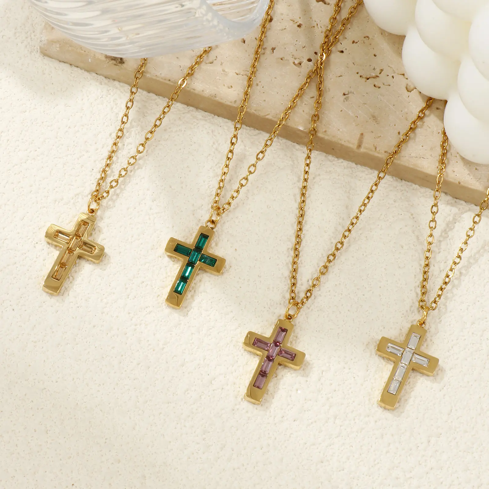 304 Stainless Steel Religious Necklace 18K Gold Plated Link Cable Chain Cross Pendant Necklace 45cm+ 5cm For Women Birthstone