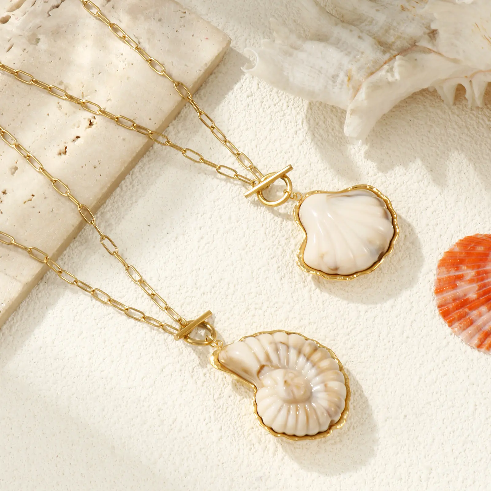 304 Stainless Steel & Resin Ocean Shell Conch Pendant Necklace 18K Gold Plated Paperclip Link Chain Necklace 45cm For Women Gift