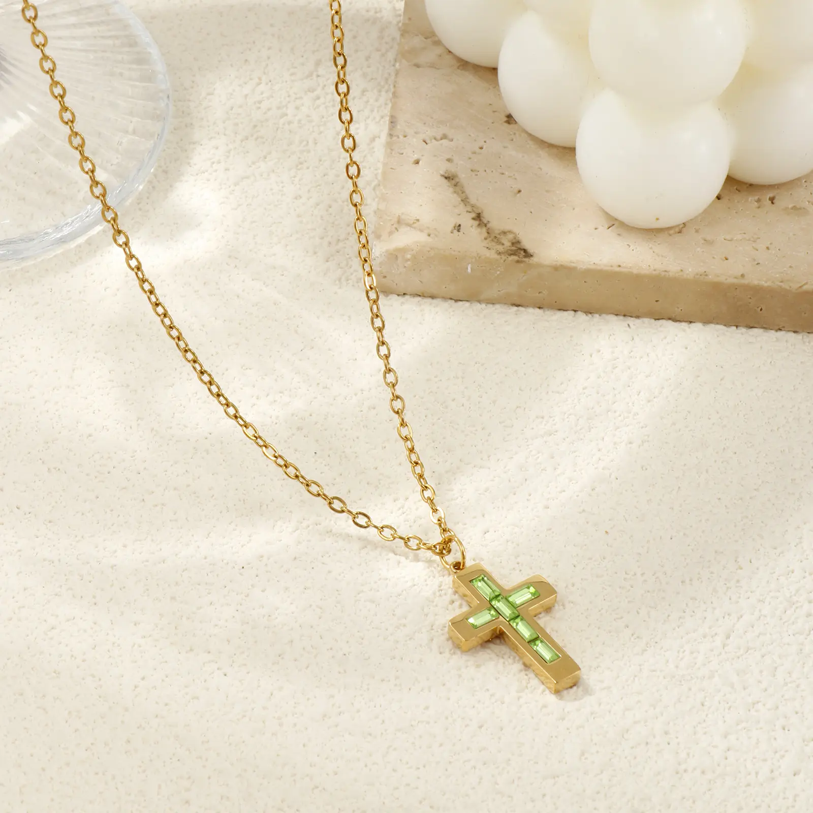 304 Stainless Steel Religious Necklace 18K Gold Plated Link Cable Chain Cross Pendant Necklace 45cm+ 5cm For Women Birthstone