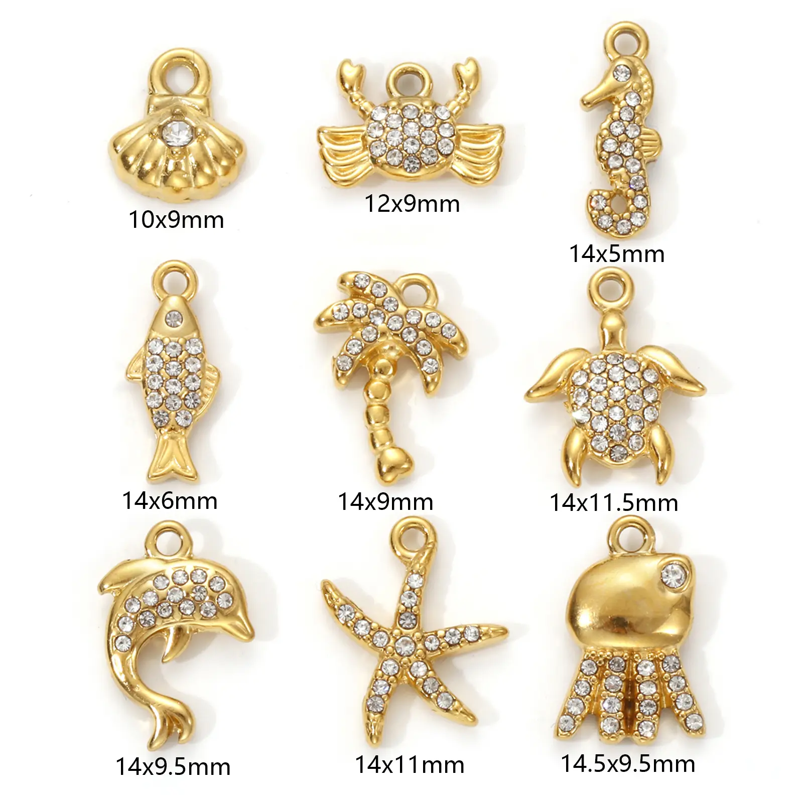 1 Piece 304 Stainless Steel Ocean Charms 18K Gold Micro Pave Clear Cubic Zirconia Shell Crab Fish Turtle Pendant Necklace DIY