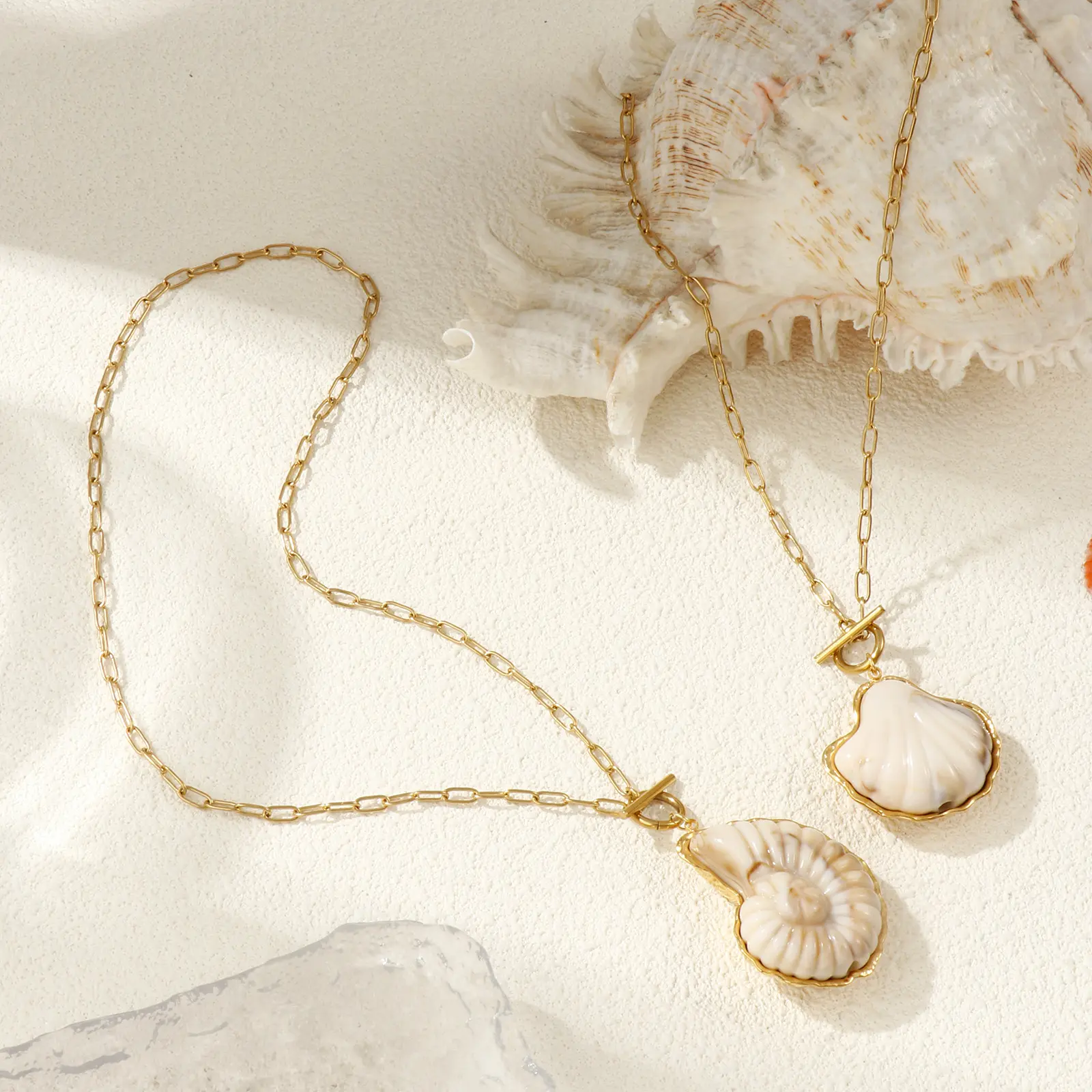 304 Stainless Steel & Resin Ocean Shell Conch Pendant Necklace 18K Gold Plated Paperclip Link Chain Necklace 45cm For Women Gift