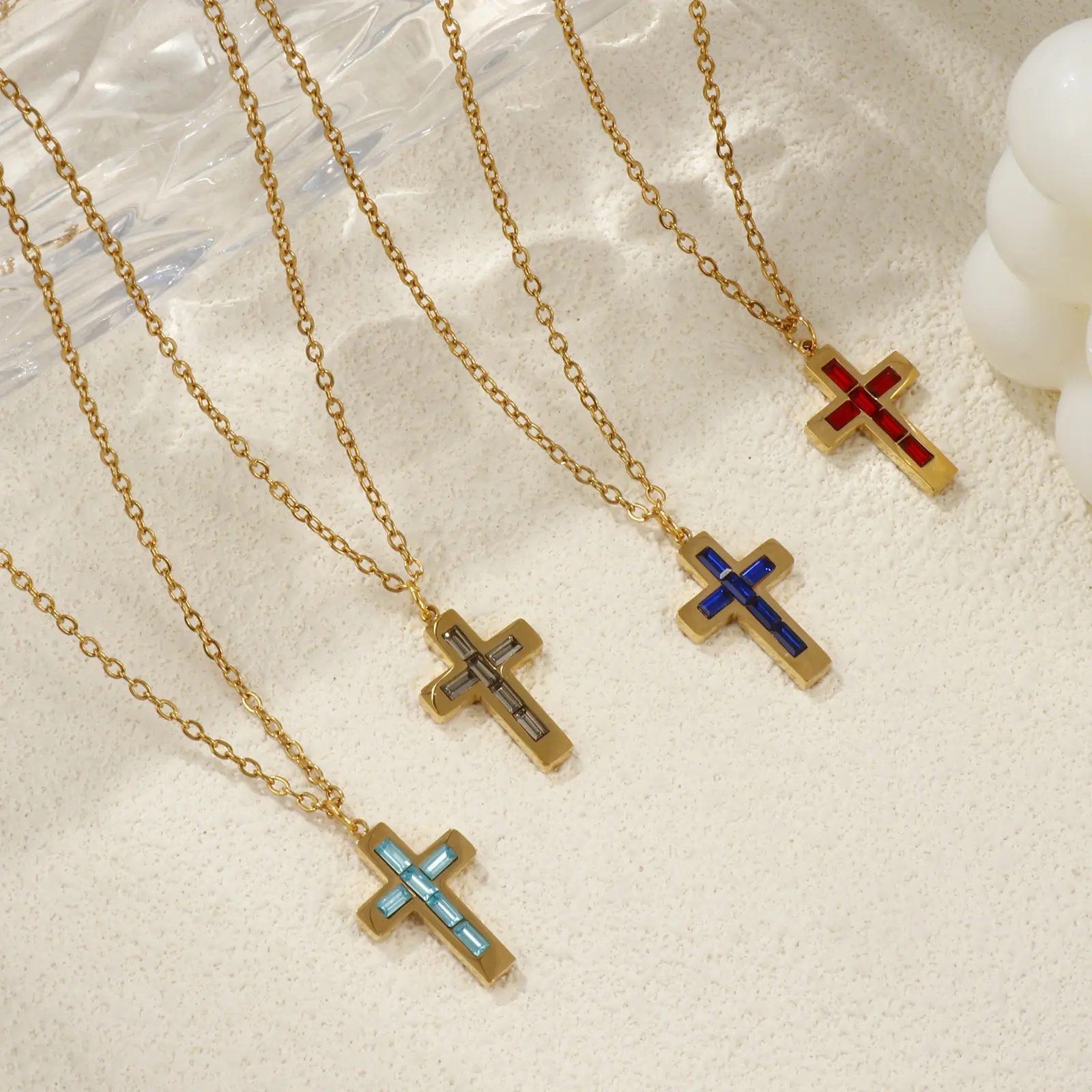 304 Stainless Steel Religious Necklace 18K Gold Plated Link Cable Chain Cross Pendant Necklace 45cm+ 5cm For Women Birthstone