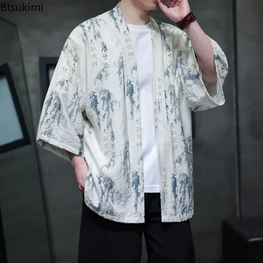 2025 Summer Chinese Style Men's Fashion Ice Silk Cardigan Sunscreen Clothes Harajuku Beach Loose Thin Shirt Coat Plus Size 5XL