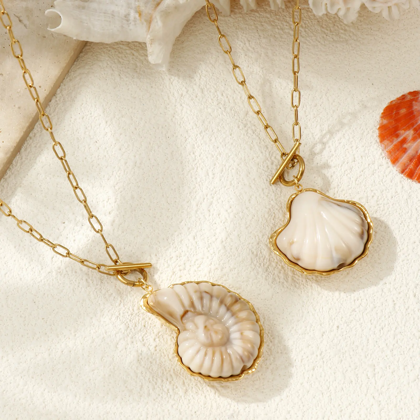 304 Stainless Steel & Resin Ocean Shell Conch Pendant Necklace 18K Gold Plated Paperclip Link Chain Necklace 45cm For Women Gift
