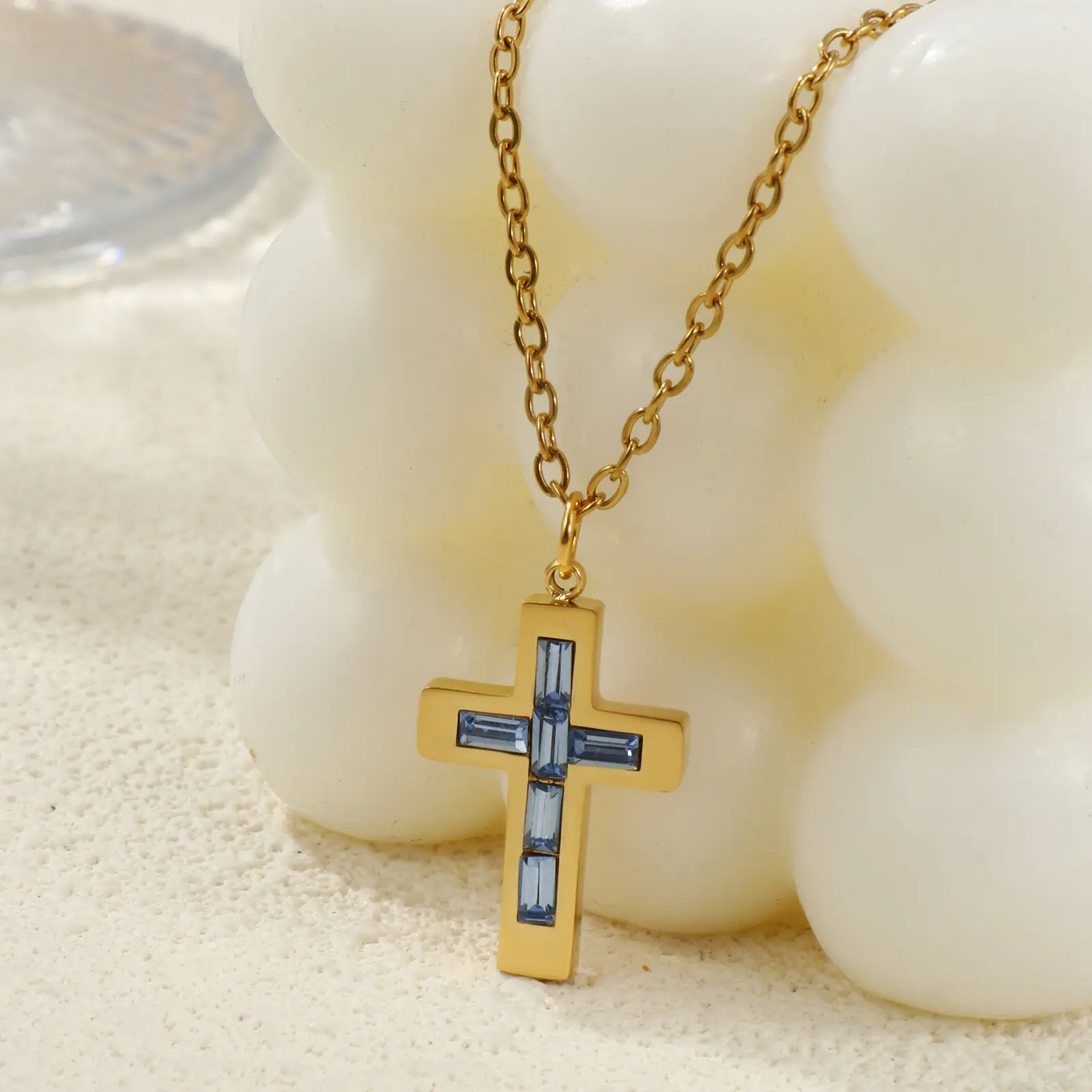 304 Stainless Steel Religious Necklace 18K Gold Plated Link Cable Chain Cross Pendant Necklace 45cm+ 5cm For Women Birthstone