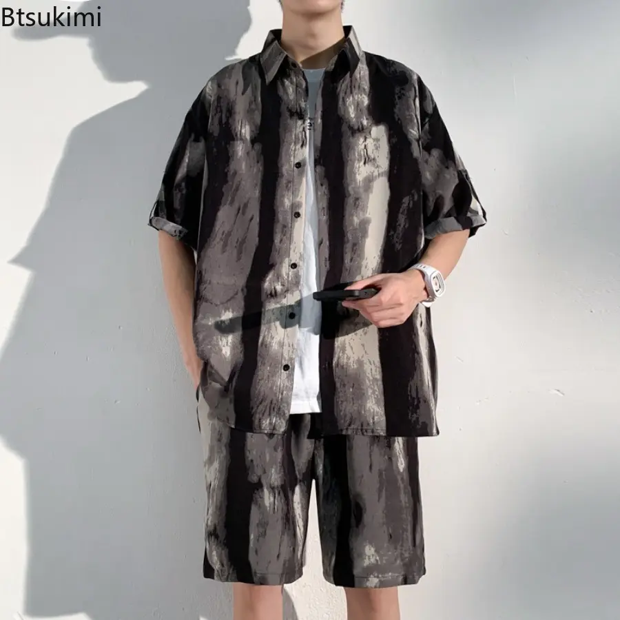 New 2025 Ink Tie Dye Flower Short Sleeved Shirt Men's Summer High-end Shirt Chinese Style Short Sleeved and Shorts Two-piece Set