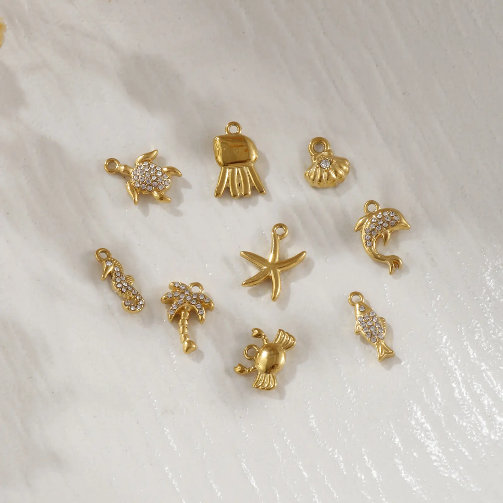1 Piece 304 Stainless Steel Ocean Charms 18K Gold Micro Pave Clear Cubic Zirconia Shell Crab Fish Turtle Pendant Necklace DIY