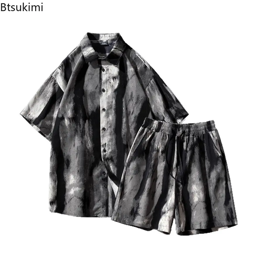 New 2025 Ink Tie Dye Flower Short Sleeved Shirt Men's Summer High-end Shirt Chinese Style Short Sleeved and Shorts Two-piece Set