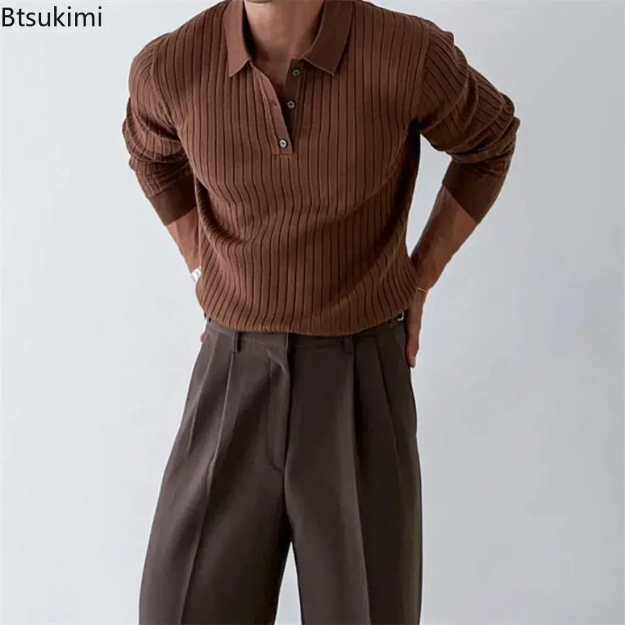 2025 Men's Knitted Polo Shirts Fashion Striped Long-sleeved Lapel Pullover Tops Korean Style Solid Slim Versatile Knit Sweaters