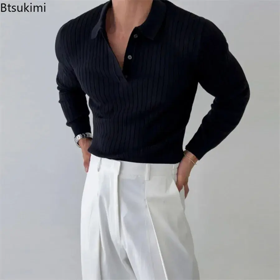 2025 Men's Knitted Polo Shirts Fashion Striped Long-sleeved Lapel Pullover Tops Korean Style Solid Slim Versatile Knit Sweaters
