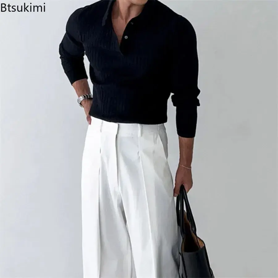 2025 Men's Knitted Polo Shirts Fashion Striped Long-sleeved Lapel Pullover Tops Korean Style Solid Slim Versatile Knit Sweaters
