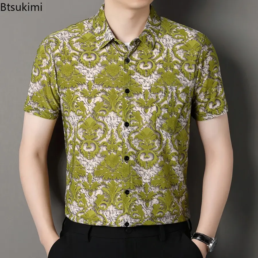 2025 Men's Ice Silk Casual Print Shirt Summer Loose Collar Short Sleeved Floral Shirt Fashion and Trendy Male Shirt with Pockets