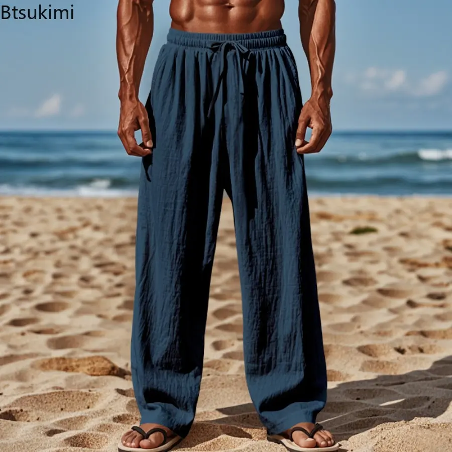 2025 Men's Fashion Cotton Flax  Pants Loose Fitting Casual Lace Up Trousers Summer High Waist Elastic Comfortable Casual Pants