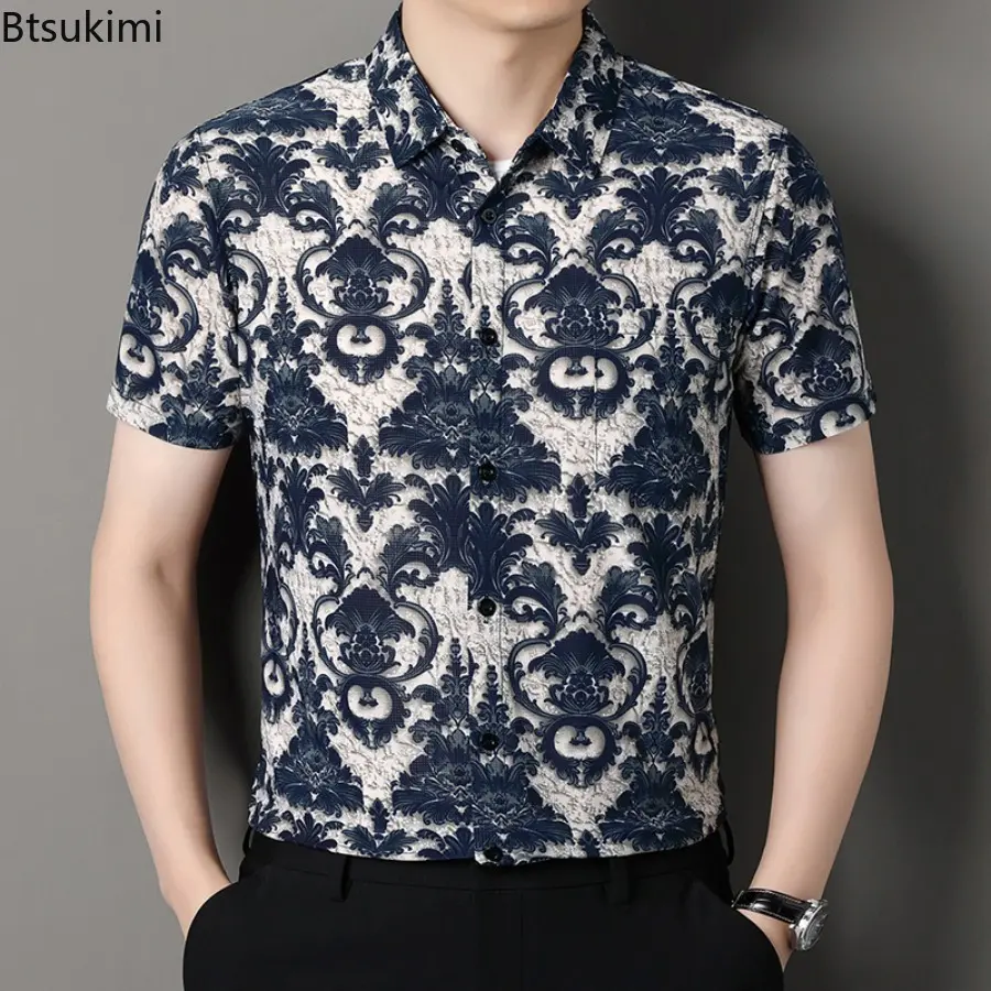 2025 Men's Ice Silk Casual Print Shirt Summer Loose Collar Short Sleeved Floral Shirt Fashion and Trendy Male Shirt with Pockets