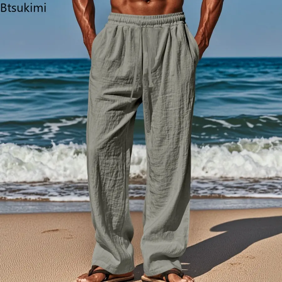 2025 Men's Fashion Cotton Flax  Pants Loose Fitting Casual Lace Up Trousers Summer High Waist Elastic Comfortable Casual Pants