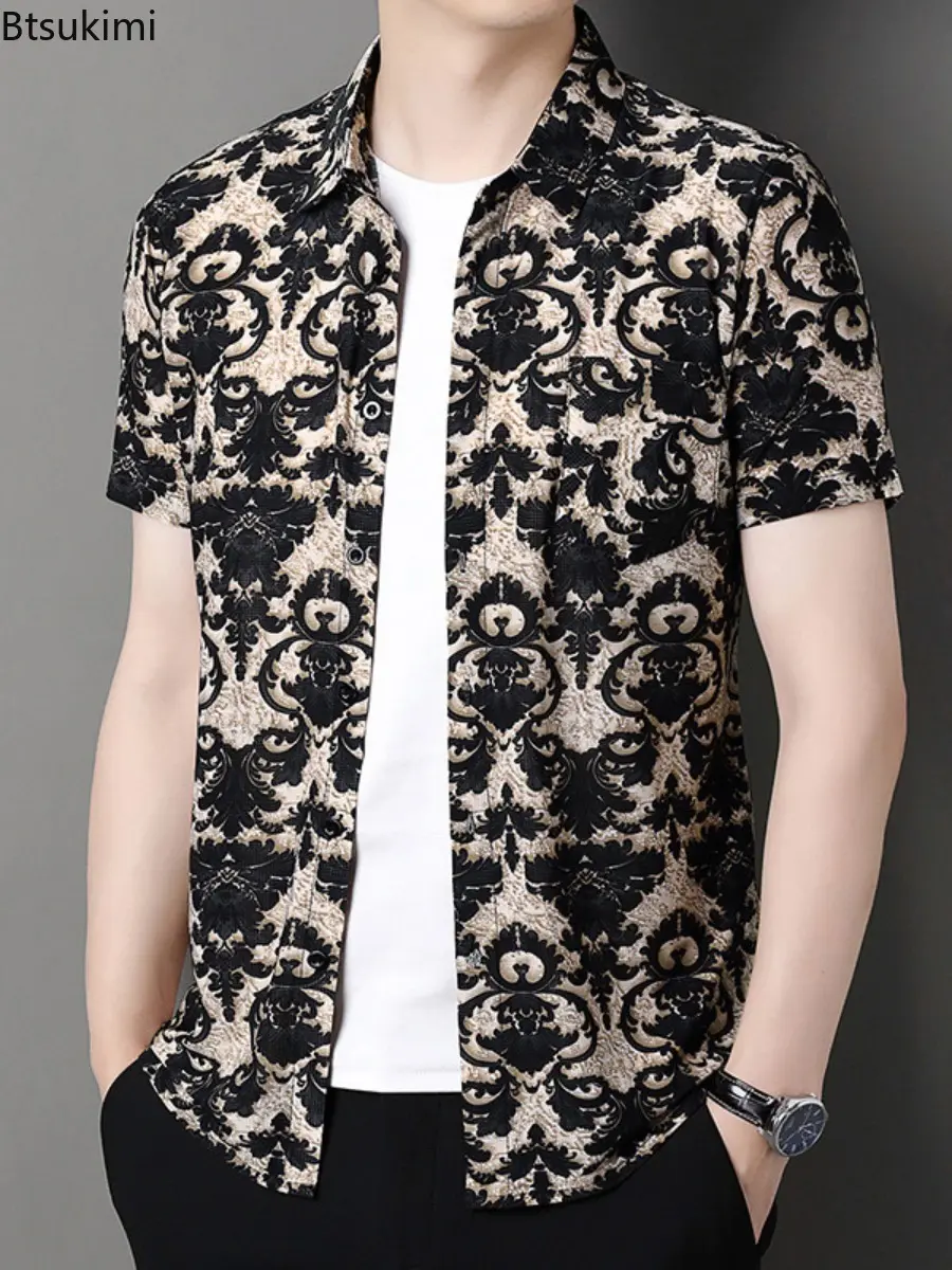 2025 Men's Ice Silk Casual Print Shirt Summer Loose Collar Short Sleeved Floral Shirt Fashion and Trendy Male Shirt with Pockets