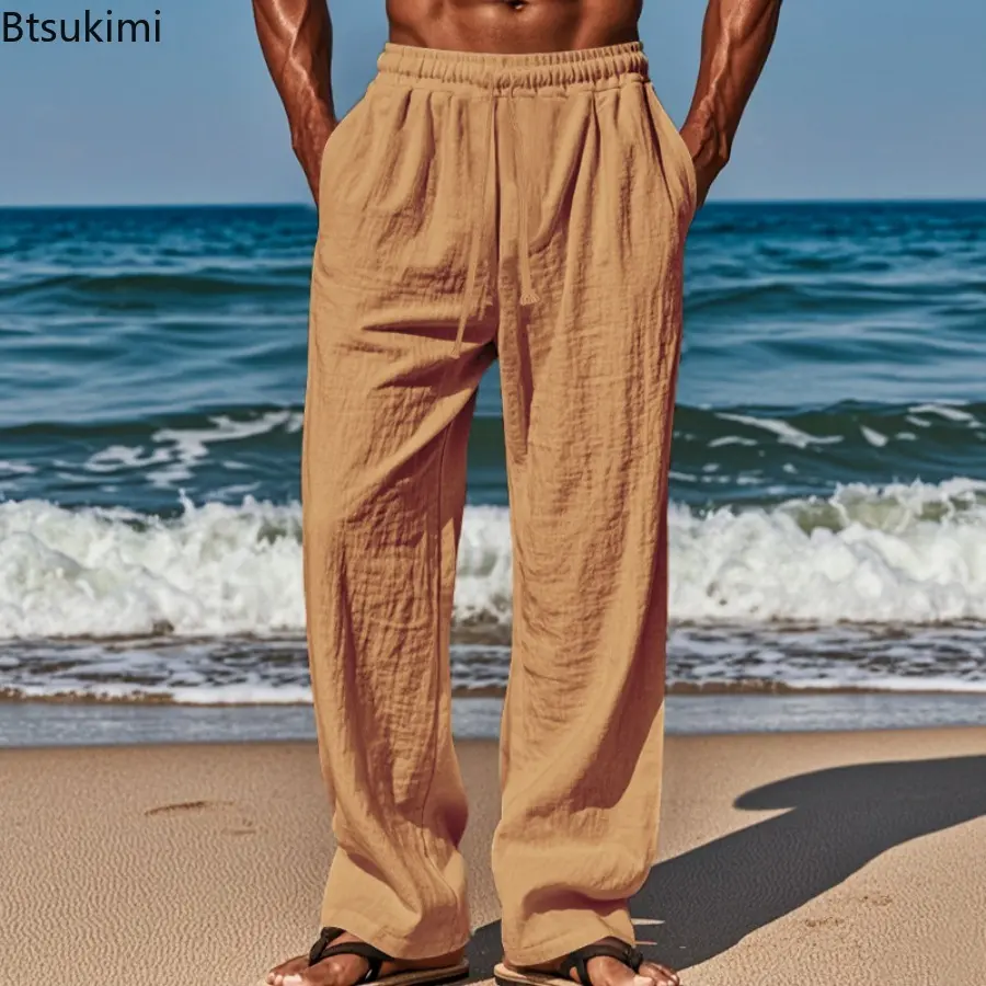 2025 Men's Fashion Cotton Flax  Pants Loose Fitting Casual Lace Up Trousers Summer High Waist Elastic Comfortable Casual Pants
