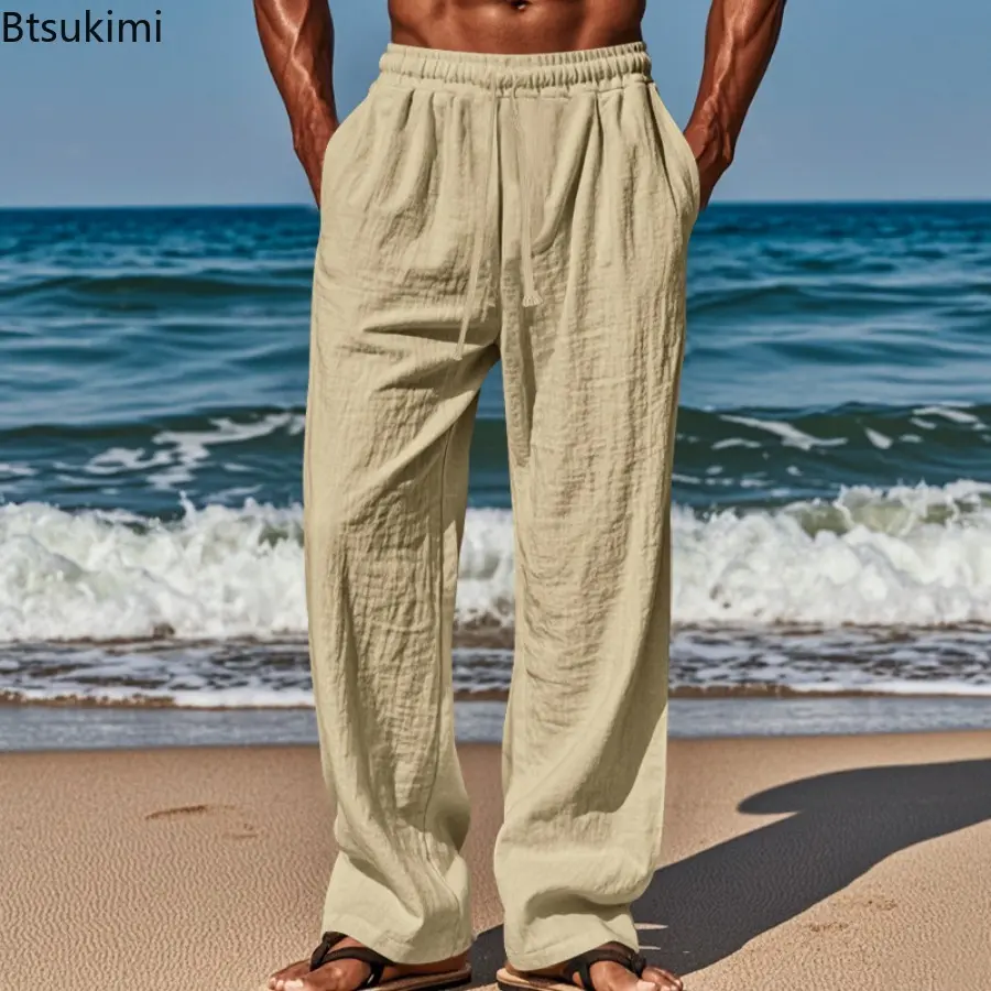 2025 Men's Fashion Cotton Flax  Pants Loose Fitting Casual Lace Up Trousers Summer High Waist Elastic Comfortable Casual Pants