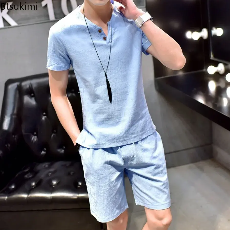 2025 Summer Tracksuit Men's Short Sleeve T-shirt and Shorts Sport Casual Suit Loose Breathable Cotton Linen Two Piece Sets Male