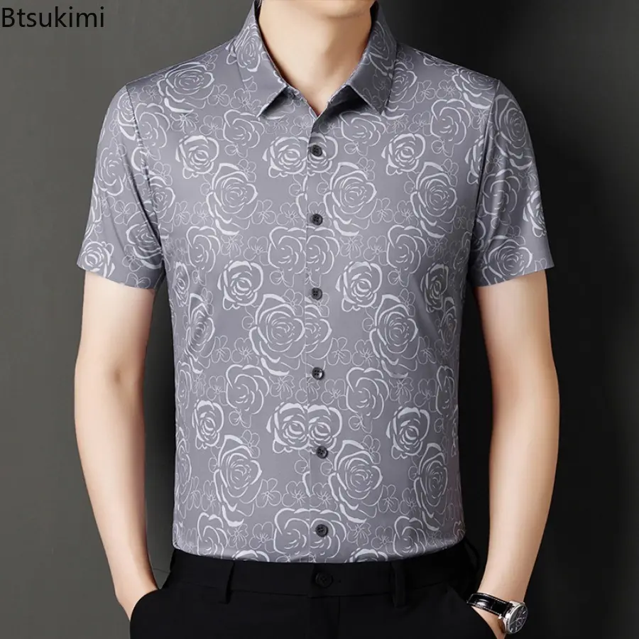 High-end Summer Ice Silk Shirt for Men 2025 New Rose Flower Printed Short-sleeve Shirt Men's Business Casual Slim Blouse Camisas