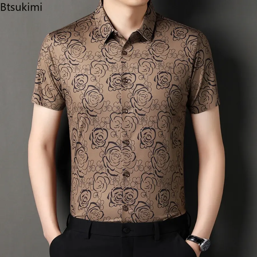 High-end Summer Ice Silk Shirt for Men 2025 New Rose Flower Printed Short-sleeve Shirt Men's Business Casual Slim Blouse Camisas