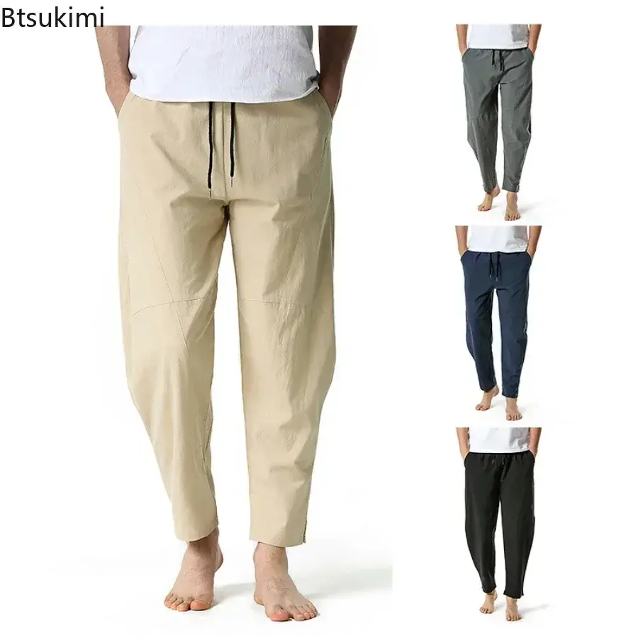 New 2025 Men's Breathable Cotton Linen Casual Trousers Fashion Loose Elastic Waist Drawstring Sport Pants Men Joggers Yoga Pants