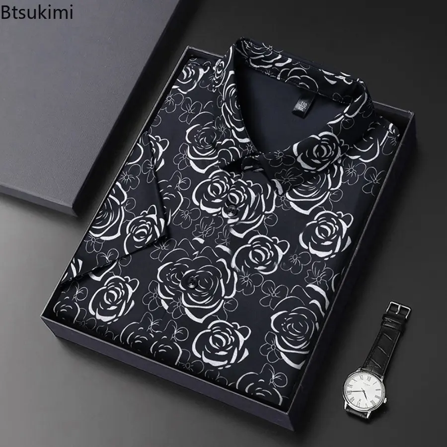 High-end Summer Ice Silk Shirt for Men 2025 New Rose Flower Printed Short-sleeve Shirt Men's Business Casual Slim Blouse Camisas