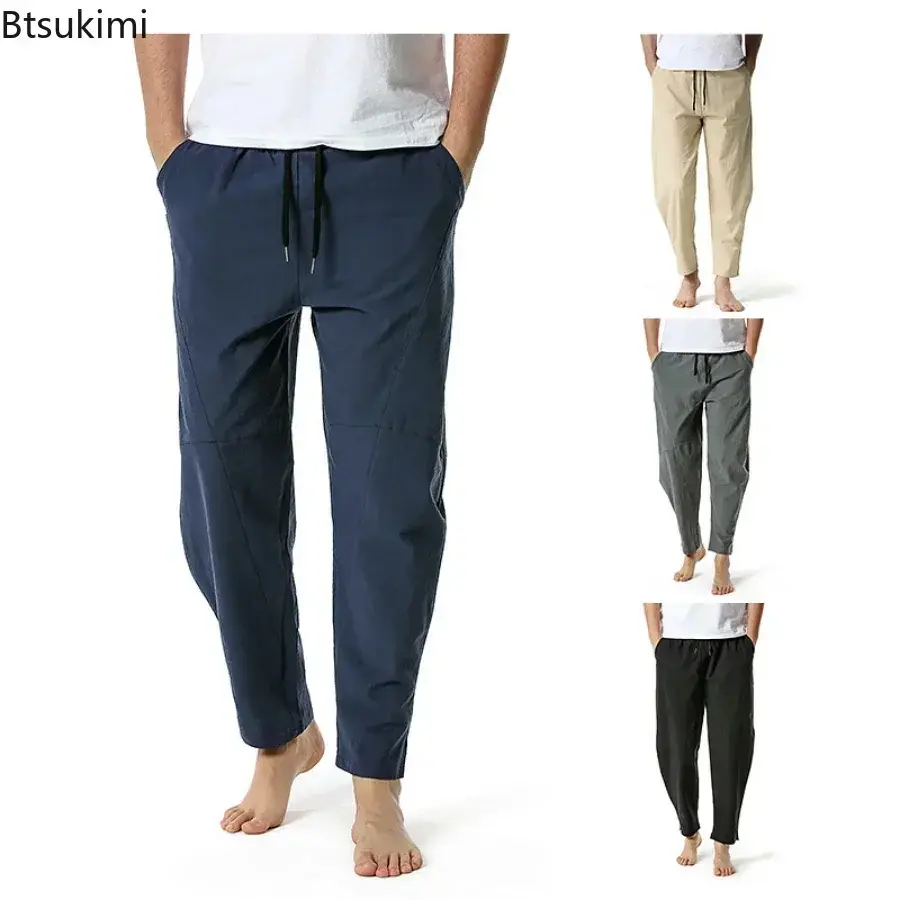 New 2025 Men's Breathable Cotton Linen Casual Trousers Fashion Loose Elastic Waist Drawstring Sport Pants Men Joggers Yoga Pants