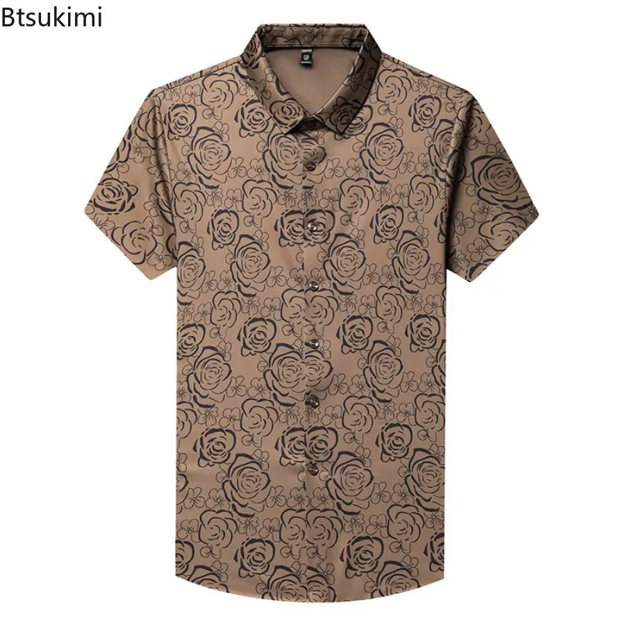 High-end Summer Ice Silk Shirt for Men 2025 New Rose Flower Printed Short-sleeve Shirt Men's Business Casual Slim Blouse Camisas