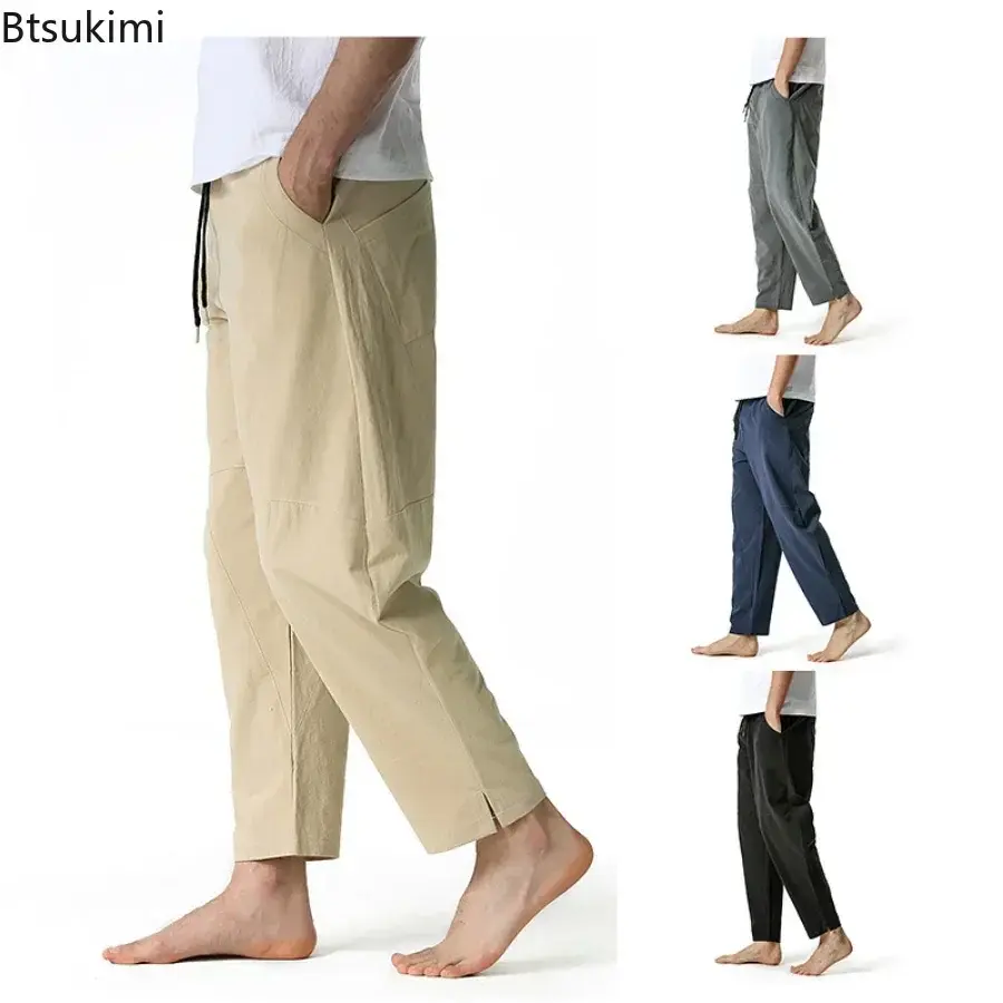 New 2025 Men's Breathable Cotton Linen Casual Trousers Fashion Loose Elastic Waist Drawstring Sport Pants Men Joggers Yoga Pants